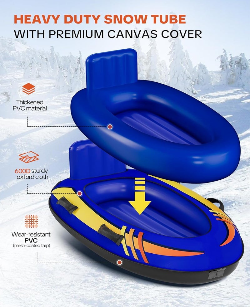 GRENACU 2 Person Inflatable Snow Sled with Premium Canvas Cover, Snow Tubes for Sledding Heavy Duty with Backrest and Handles for Adults, Winter Outdoor Toys Gifts for Boys Girls Family - Image 2
